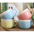 Haonai color glazed 480ml big round belly coffee mug,embossed ceramic coffee mug